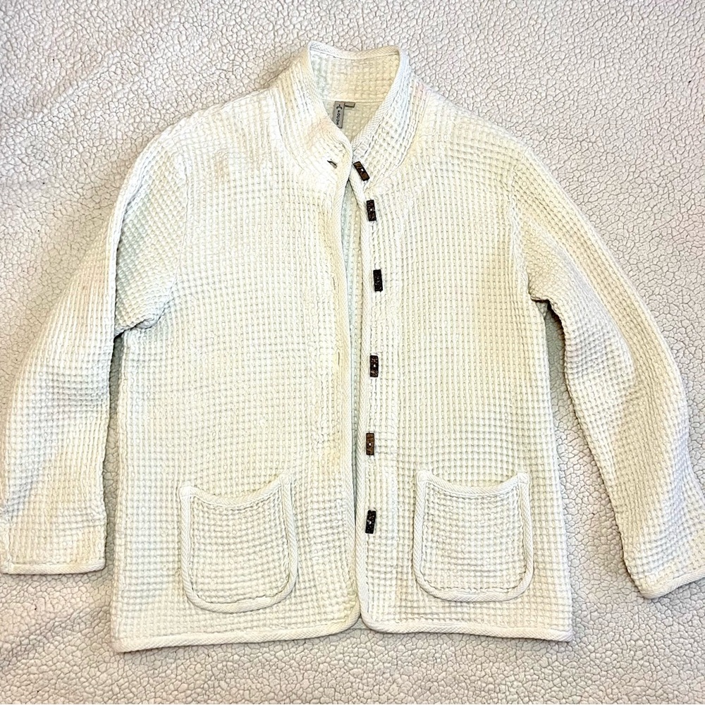 Cream Waffle Knit Jacket by Focus Sz M large pockets, Coastal, Cozy, Cabincore